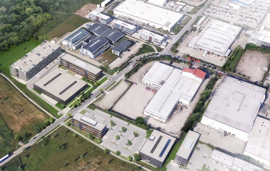 Luftbild des prime one Campus im Gewerbegebiet Heinenkamp in Wolfsburg mit geplantem Hallenneubau